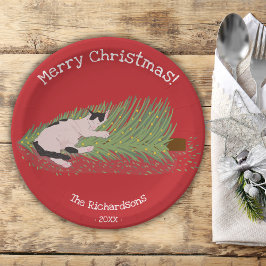 Prettig kerstfeest! Katten versus Kerstboom Hollid Papieren Bordje