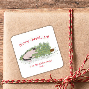 Prettig kerstfeest! Katten versus Kerstboom Hollid Vierkante Sticker