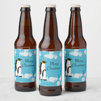 prettig kerstfeest, kerst,pinguïn,bloemen,blauw, bier etiket