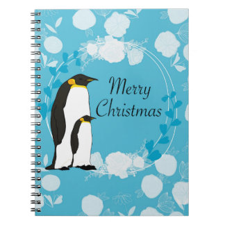 prettig kerstfeest, kerst,pinguïn,bloemen,blauw, notitieboek
