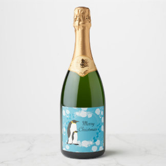 prettig kerstfeest, kerst,pinguïn,bloemen,blauw, sparkling wijnetiket