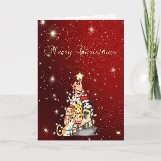Prettig kerstfeest,Kerstbomen Katten,Rood Feestdagen Kaart (Voorkant)