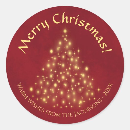 Prettig kerstfeest! Kerstboom met gouden lichtjes  Ronde Sticker (Voorkant)