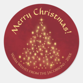 Prettig kerstfeest! Kerstboom met gouden lichtjes  Ronde Sticker