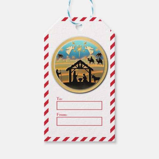 Prettig kerstfeest, Kerstman Kerststal scène Cadeaulabel (Voorkant)