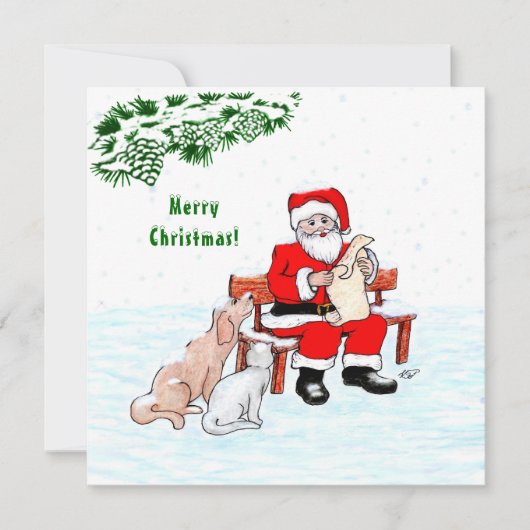 Prettig kerstfeest! Kerstman met Kat en Hond (Voorkant)