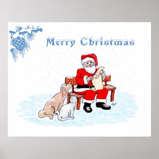 Prettig kerstfeest - kerstman met kat en hond poster (Voorkant)