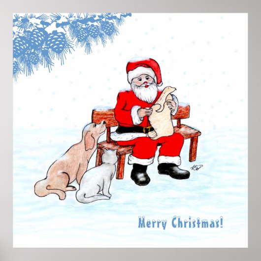 Prettig kerstfeest - Kerstman met Kat en Hond Poster (Voorkant)