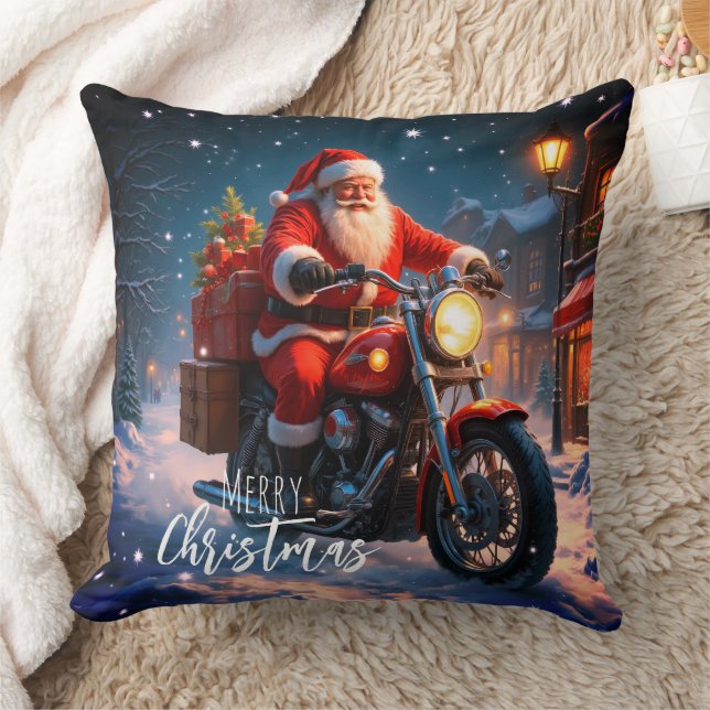 Prettig kerstfeest Kerstman op motor  Kussen (Deken)