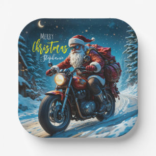 Prettig kerstfeest Kerstman op motor  Papieren Bordje
