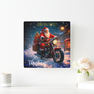 Prettig kerstfeest Kerstman op motor  Vierkante Klok
