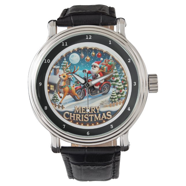 Prettig kerstfeest Kerstman op motorfiets  Horloge (Voorkant)