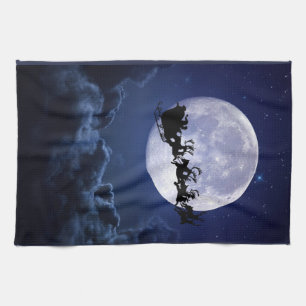 Prettig kerstfeest Kerstman over maan Vakantienach Theedoek