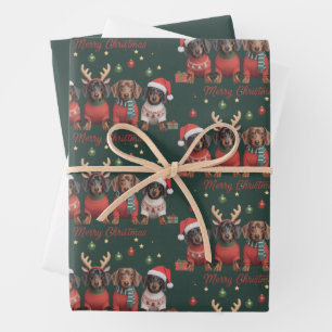Prettig kerstfeest Kerstman Rendier Dachshond Saus Inpakpapier Vel