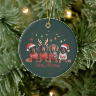 Prettig kerstfeest Kerstman Rendier Dachshund Saus Keramisch Ornament