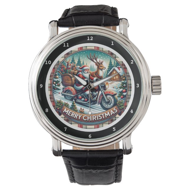 Prettig kerstfeest Kerstman Rendier Motorfiets  Horloge (Voorkant)