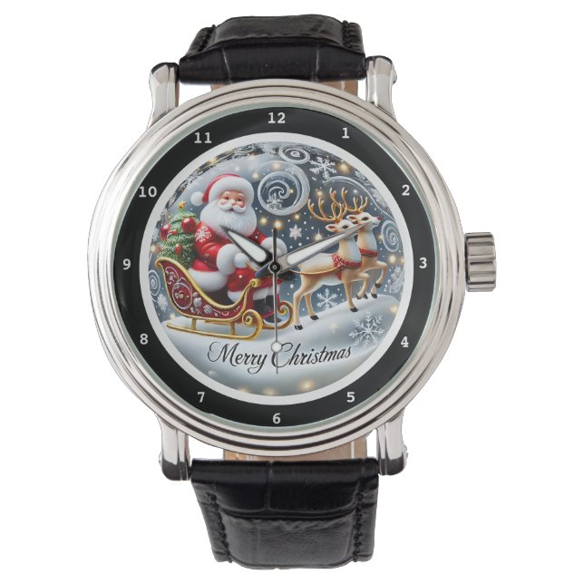Prettig kerstfeest Kerstman Rendier Slede Horloge (Voorkant)