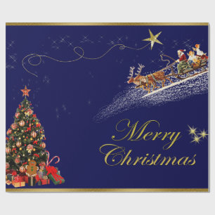 Prettig kerstfeest Kerstman rijdend slee Kerstboom Cadeaupapier