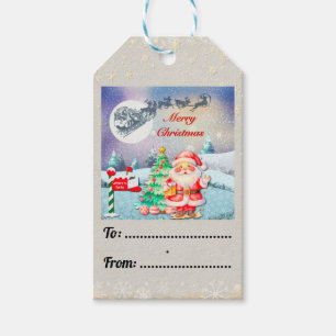 Prettig kerstfeest Kerstman, slee, rendier, sneeuw Cadeaulabel