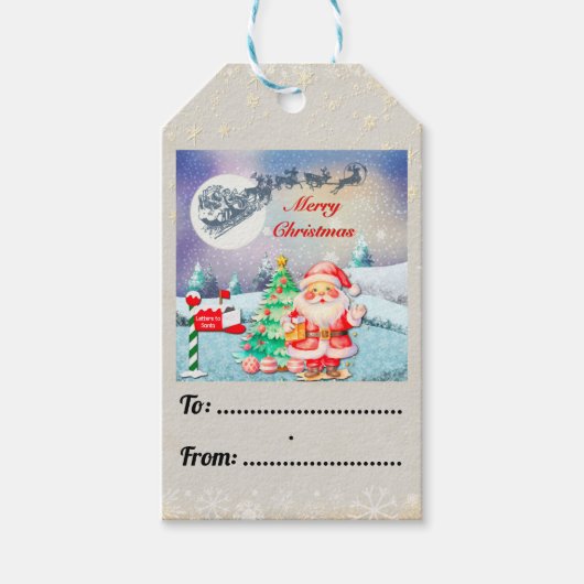 Prettig kerstfeest Kerstman, slee, rendier, sneeuw Cadeaulabel (Voorkant)