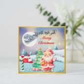 Prettig kerstfeest Kerstman, slee, rendier, sneeuw Kaart (Staand voorkant)
