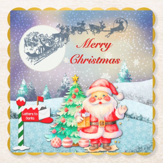Prettig kerstfeest Kerstman, slee, rendier, sneeuw Kartonnen Onderzetters (Voorkant)
