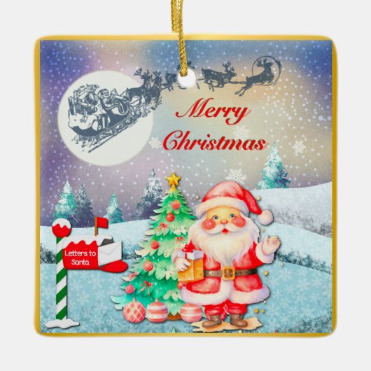 Prettig kerstfeest Kerstman, slee, rendier, sneeuw Keramisch Ornament (Voorkant)