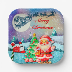 Prettig kerstfeest Kerstman, slee, rendier, sneeuw Papieren Bordje