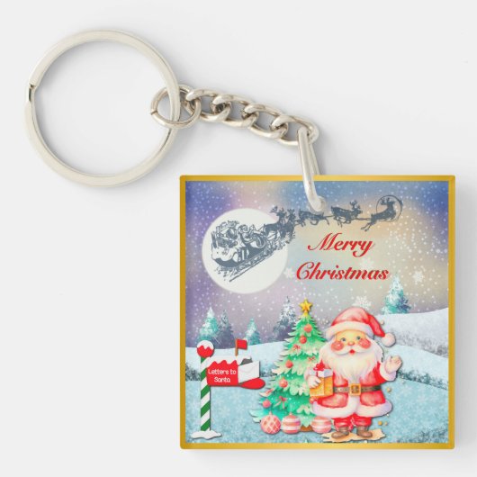 Prettig kerstfeest Kerstman, slee, rendier, sneeuw Sleutelhanger (voorkant)