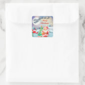 Prettig kerstfeest Kerstman, slee, rendier, sneeuw Vierkante Sticker (Tas)
