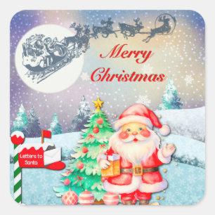 Prettig kerstfeest Kerstman, slee, rendier, sneeuw Vierkante Sticker