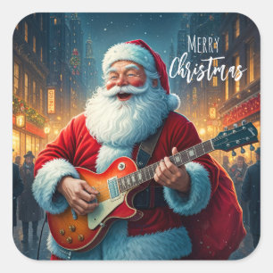 Prettig kerstfeest Kerstman Speelt Gitaar Vierkante Sticker
