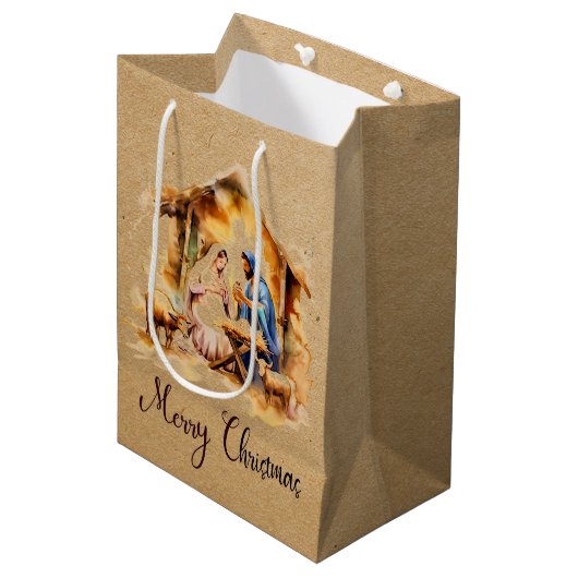 Prettig kerstfeest Kerststal Medium Cadeauzakje (Voorkant Gekanteld)