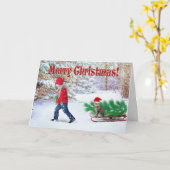 Prettig kerstfeest Kind en Kat / Kerstboom naar hu Kaart (Gele Bloem)