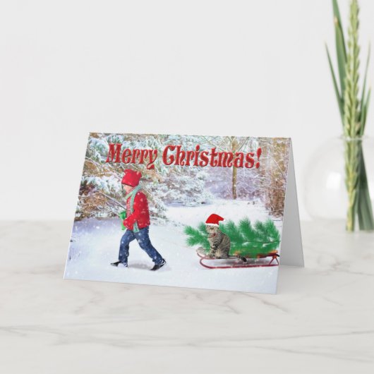 Prettig kerstfeest kind en kat / Kerstboom thuisbr Kaart (Voorkant)