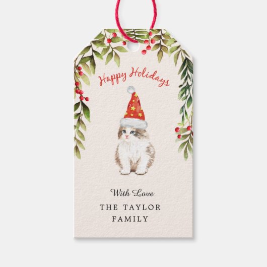 Prettig kerstfeest  Kitten Rode Hoed Kattenliefheb Cadeaulabel (Voorkant)