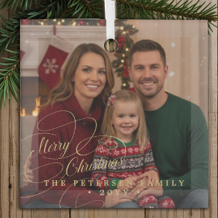 Prettig kerstfeest klassiek gouden schrift familie glas ornament
