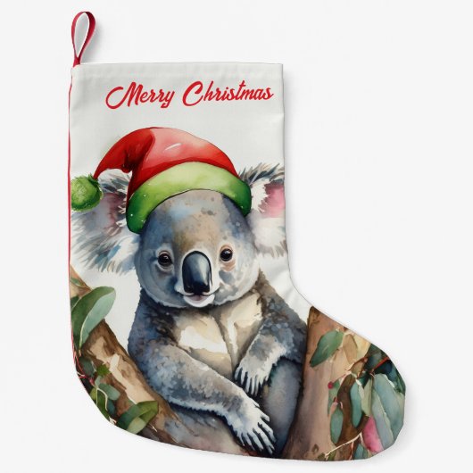 Prettig kerstfeest koala zittend in eucalyptusboom kleine kerstsok (Voorkant)