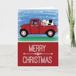 Prettig kerstfeest Koe in een Rode Truck met Versk Feestdagen Kaart