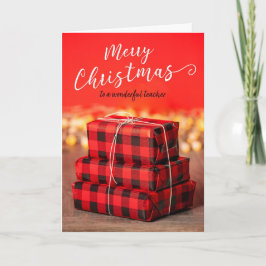 Prettig kerstfeest Leraar stapel cadeaus op rood Feestdagen Kaart