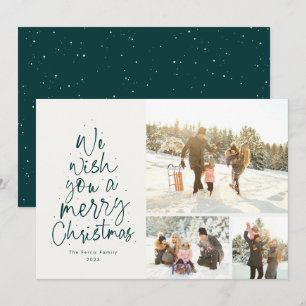 Prettig kerstfeest leuk groen drie foto familie feestdagenkaart