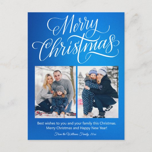prettig kerstfeest leuk script 2 foto's blauwe vak briefkaart (Voorkant)