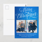 prettig kerstfeest leuk script 2 foto's blauwe vak briefkaart (Voorkant / Achterkant)