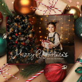 Prettig kerstfeest leuk script drie foto rood feestdagenkaart