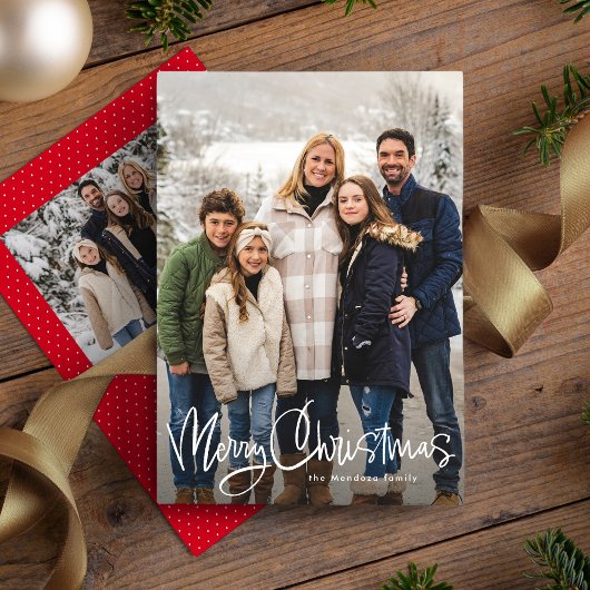 Prettig kerstfeest leuk script eenvoudig rood twee feestdagenkaart