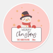 Prettig kerstfeest Leuke sneeuwman roze feestelijk Ronde Sticker (Voorkant)