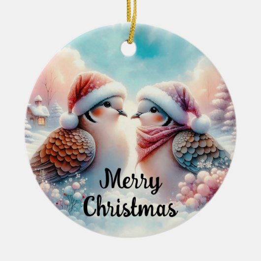 Prettig Kerstfeest Liefdesvogels Keramisch Ornament (Voorkant)