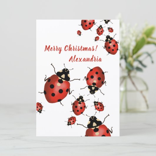 Prettig kerstfeest Lieveheersbeestje Rood Zwart op Bedankkaart (Staand voorkant)