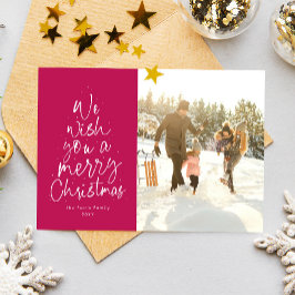 Prettig kerstfeest magenta roze leuke gezinsfoto feestdagenkaart