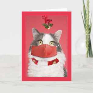 Prettig kerstfeest maretak kat in mondkapje humor feestdagen kaart